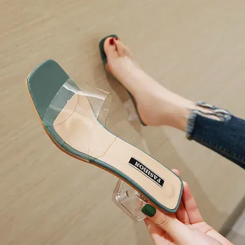 2020 naujas Moterų Sandalai, Batai Įžymybė Dėvi Paprastus Stiliaus PVC Aišku, Strappy Sagtis Aukštakulnius Moteris Skaidrius Aukštakulnius Geltona