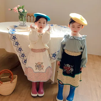 2021 m. Pavasarį Naujų Mergaičių Lėlės Apykakle Palaidinė Siuvinėjimo Trumpas Sijonas ilgomis rankovėmis Marškinėliai, Vaikų Palaidinė Trumpas Sijonas Kostiumas