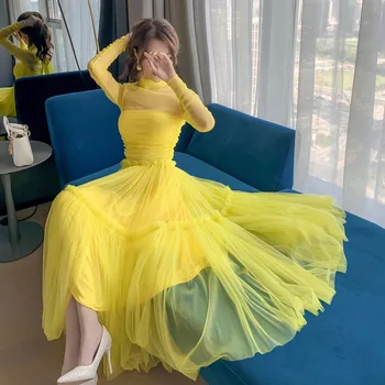 Atostogų Bohemijos Geltona Long Beach Suknelė 2020 Elegantiškas Ruffles ilgomis Rankovėmis Plisuotos Maxi Suknelės Moterims Dviejų dalių Suknelė