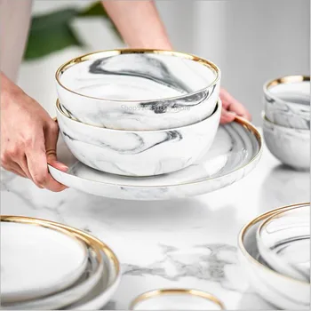 Aukso marmuro plokštės rinkinys keramikos virtuvės indai, salotų, makaronų dubenį sriubos vakarienė nustatyti indai keramikos dubuo