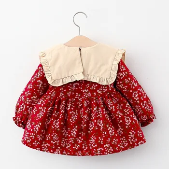 Baby Girl Dress 2020 M. Rudens Žiemos Ilgos Rankovės Gėlių Spausdinti Lėlės Susiėmę Apykaklės Bowknot Princesė Suknelė