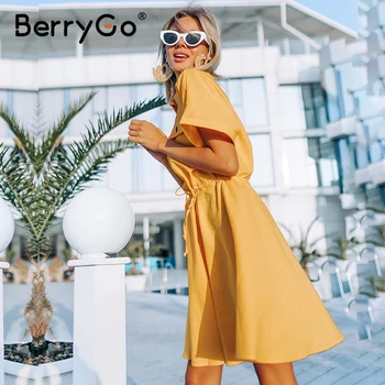BerryGo Ponios office moterų suknelė atsitiktinis, Kietas mygtukai moterų marškinėliai sundress 2020 metų Vasaros stilius laisvas rankovės linijos, midi suknelė
