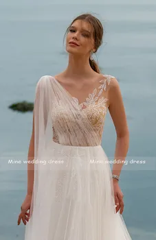 Bohemiškas Stilius, Subtilus Scoop Unikalumą Nėriniai Puošia Blizgučiai Tiulio A-Line Wedding Dresses 2020 Vestidos De Novia