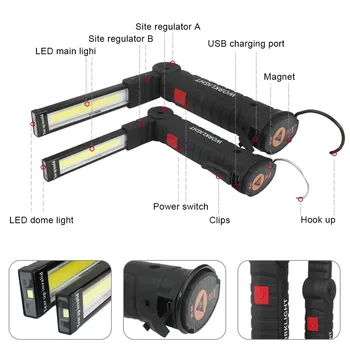COB Žibintuvėlis Nešiojamų 5 Režimu Fakelas USB Įkraunamas LED Darbo Šviesos Magnetinis COB Lanterna Kabinti Kablys Lempos, Lauko Kempingas