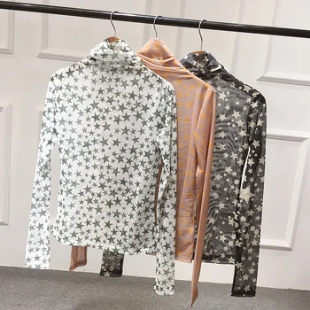 COLOREE 2019 Moterų Marškiniai ir tūpimo Tako Dizaineris Matyti Per Žvaigždžių Spausdinti Prašmatnus Viršūnes Atsitiktinis ilgomis Rankovėmis Apačioje Marškinėliai Moteriška Nauja