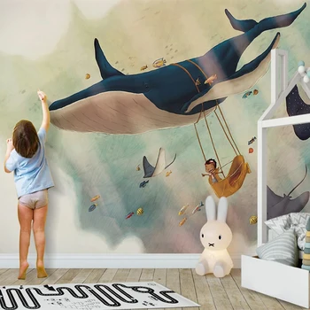 Custom 3D Sienos Freskos Animacinių filmų Kūrybos Dangaus Banginis Vaikų Miegamasis Fone Sienų Dekoras Papel De Parede Infantil 3D Tapetai