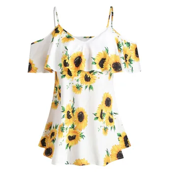 Didelio Dydžio marškinėliai moterims grožio Saulėgrąžų Atspausdintas Trumpas Rankovės Raukiniai off Shouder vasaros marškinėliai
