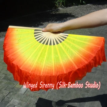 Geltonos-raudonos spalvos, 1 pora 30cm bambuko+10cm Kinijos šokių šilko ventiliatorius(plazdėjimas), 2 sluoksnių, nekilnojamojo flowy šilko!