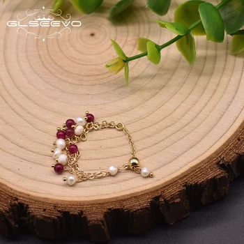 GLSEEVO Natūralių Gėlavandenių Perlų Žiedas Ponios Vestuvių Su Granato Vario Su 18k Auksu Romantiška papuošalai GR0269A