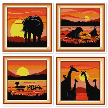 Gražus saulėlydžio peizažas kryželiu rinkinys modelio dramblys hippo antis žirafa gyvūnų serijos rankų darbo 