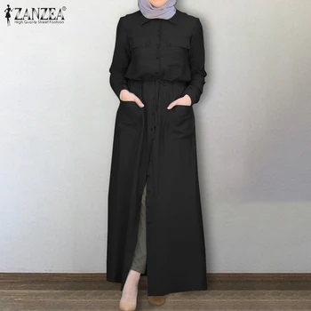 Ilgi Marškinėliai-Suknelė ZANZEA Elegantiškas Moterų Atsitiktinis Atvartas Kaklo, ilgomis Rankovėmis Musulmonų Suknelė, Hijab Rudenį Raišteliu Sundress Abaja Vestido