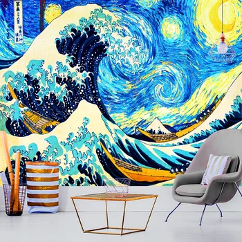 Japonijos Kanagawa Bangos Gobelenas Star Mėnulis Naktį Van Gogh Kabinti Gobelenai Boho Lovatiesė Jogos Kilimėlis Antklodė Paplūdimio rankšluostį didmeninės