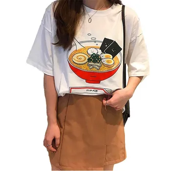 Japonų Stiliaus Vasaros 2019 Moterims Prekės Ženklo Drabužių, Komiksų, Animacinių Filmų Kawaii Ramen Atspausdintas T-Shirt Aukštosios Gatvės Mados Atsitiktinis Tee Viršūnės