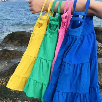 Ketverių iki penkerių metų mergaičių vasaros drabužių medvilnės baby sling suknelė mergaitėms rožinė princesė dress atgal tuščiaviduriai pynimas