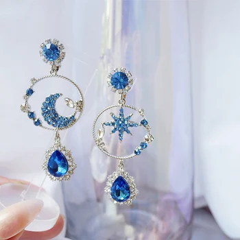 Korėjos Naujas Mados Elegantiškas Moon Blue Star Kalnų Krištolas Lašas Auskarai Moterų, Mergaičių Vandens Lašelius Kristalų Brincos Bižuterijos