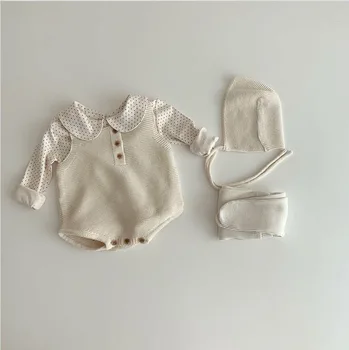 Kūdikių Mielas Megztas vientisas Bodysuits Kūdikių Mados Vest Drabužiai su Skrybėlę baby girl drabužiai