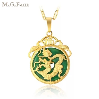 M. G. Fam Kinijos Senovės Talismanas Dragon Pakabukas Karoliai Gryno Aukso Spalva AAA+ Žalia kalnų krištolas su 45cm Grandinės