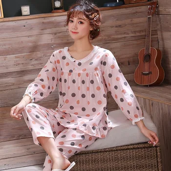 Medvilnės Pijamas Moterų Sexy Ilgomis Rankovėmis Kelnės Plonas Stiliaus Namų Drabužiai Animacinių Filmų Polka Dot Spausdinti Nustatyti Pyjama Femme Coton Loungewear