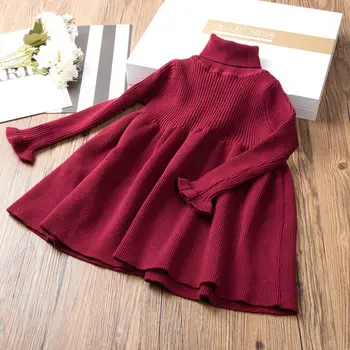 Merginos megztinis suknelė aksominė rudens žiemos aukšto kaklo, žemiausią vaikams, megztos princesė suknelės raudona paauglys mergaitę drabužiai