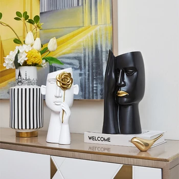 Minimalistinio Vazos Portretas Dervos Skulptūra Juodos Žmonių Galvos Vaza, Vazonas Biuro Stalo Dekoro Gėlių Kompozicijų Namų Puošybai