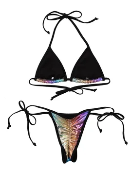 Moteriški Femme Blizgus Metalinis Pririšamą Mėta Raukšlių apatinis Trikotažas maudymosi kostiumėlį Egzotiškas Rinkinys Bikini Liemenėlė Viršų su Bikini Trumpikės Clubwear