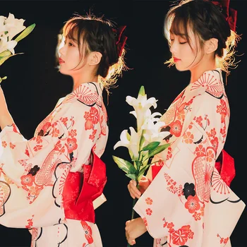 Moterų Japonų Tradicinio Stiliaus Ilgai Kimono Suknelę, Sakura Spausdinti Obi Saldus Yukata Chalatai Geiša Merginos Vintage Suknelė Vestidos