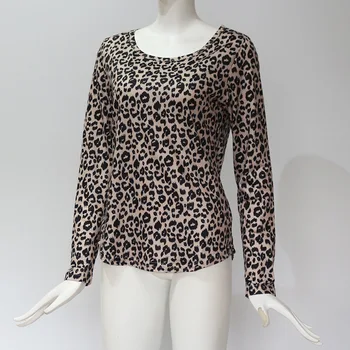 Moterų Leopard Marškinėliai Ilgomis Rankovėmis, O Ant Kaklo Prarasti Viršūnes Rudenį, Pavasarį Basic Tee Atsitiktinis Moterų Ponios Darbo Drabužių