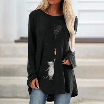 Nauja Rudens moteriški marškinėliai Dviejų Kačių, Žuvų Print Plus Size 5XL Ilgai Tee Marškinėliai ilgomis Rankovėmis Moteriška Viršūnes Poleras Mujer Camisetas F821