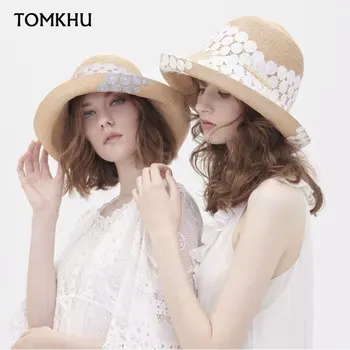 Nauja Vasaros Saulės Kepurės Moterims, Platus Kraštų Packable Šiaudų Skrybėlę Balta Juoda Nėrinių Gėlių Cloche Paplūdimio Kepurės Anti-UV Aukštos Kokybės 55-59cm