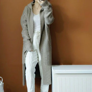 Rudenį, žiemą mezgimo karšto korėjos stiliaus megztinis kailis Gobtuvu moterų midi Ilgio laisvas megztinis twist storas megztinis paltai streetwear