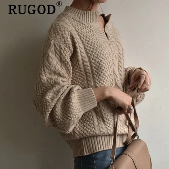 RUGOD Elegantiškas susukti moterų megztinis korėjos V kaklo šiltas tirštėti puloveriai moterų 2019 Mados auturm žiemos purus megzti megztinis