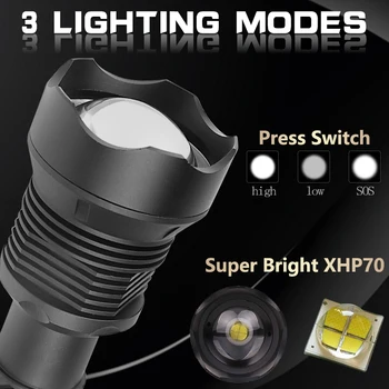Super Ryškus LED Žibintuvėlis XLamp xhp70.2 usb fakelas xhp70 medžioklės žibintuvėlis xhp50 18650 arba 26650 Įkraunama baterija