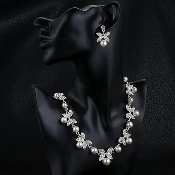 TREAZY Mados Gėlių Crystal Pearl Nuotaka 3pcs Nustatyti, Karoliai, Auskarai Tiara Nuotakos Vestuvių Papuošalų Rinkinys Aksesuarų Moterims