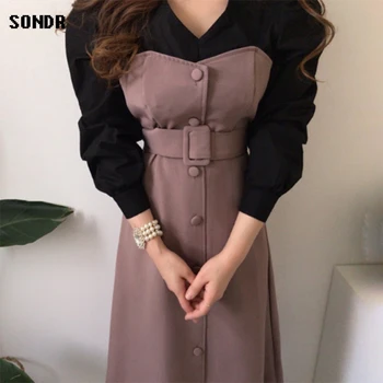 Vientisas Korėjos Moteriška Suknelė Patenka 2020 Elegantiškas V-Kaklo Kontrasto Spalvų Siūlėmis Netikrą Dviejų Dalių Single-Breasted Ilgomis Rankovėmis Suknelė