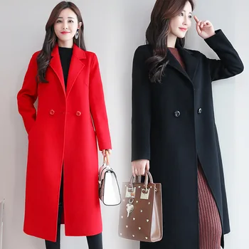 Vilnos striukė nauja, moterų žiemos dvieiliai vilnoniai paltai korėjos atsitiktinis ilgas vilnonis kailis Windwear Outwear Moteris