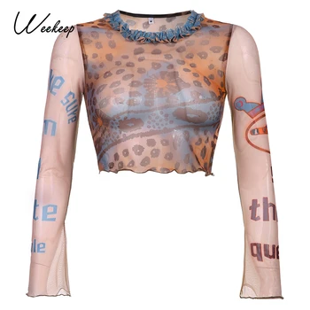 Weekeep Derliaus Akių Seksualus Pasėlių Viršuje Moterų Leopard Matyti Per Pynimas T Shirts Vasaros Ilgomis Rankovėmis Maivymasis Drabužių Streetwear Moteris