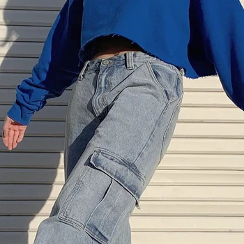 Weekeep Kišenės Kratinys Aukšto Juosmens Džinsai Moterims Streetwear Tiesiai Jean Femme Mėlyna Medvilnės Krovinių Kelnės