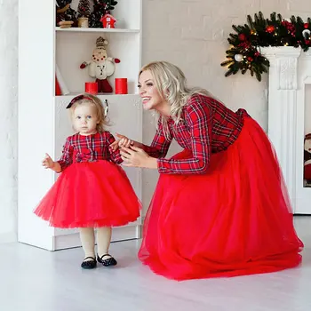 YUXIC Motina Dukra Atitikimo Suknelė 2020 M. Pavasarį Ilgai Rankovėmis Pledas Raudona Suknelė Mamytė ir Man Vestuvės Dress