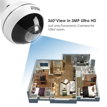 ZOSI 3MP Patalpų Belaidis 360 Laipsnių Panoramines IP Saugos Kamera, WiFi Kamera Judesio Signalizacijos Dviejų krypčių Garso ir SPINDULIŲ Naktinio Matymo TF Lizdas