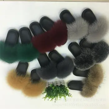 Žiemos Moterų Patalpų Pūkuotas Minkštas Fox Fur Pompoms Pūkuotas Šlepetes Nekilnojamojo Kailių Namų Slankmačiai Pliušinis Butai Moteriški Laisvalaikio Bateliai Zapato