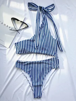 2020 Seksualus Dryžuotas Vieną Petį Moterų maudymosi Kostiumėliai, vientisi maudymosi kostiumėlį Moteris Aukštos iškirpti Monokini Aukšto juosmens Maudymosi Kostiumą plaukti