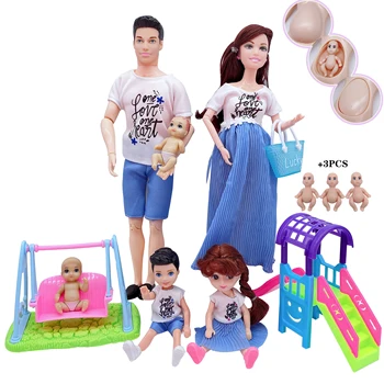 5 asmenų šeimai derinys, 30cm Barbies lėlės = bendras nėščia mama + tėtis, slide + sūpynės mergina vaikų baldų priedai žaislas