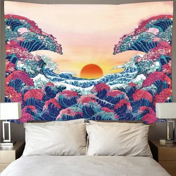 Aggcual banga saulė gobelenas sienos kabo Japonijos spausdinti Kraštovaizdžio Fone Audinio kambario dekoracija estetiška freskos Paplūdimio kilimėlis tap7