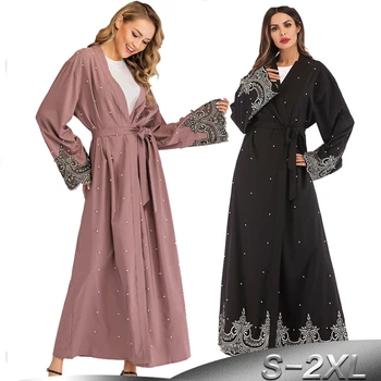Atidaryti Abaja Kimono Kaftan Dubajaus Musulmonų Megztinis Suknelė, Hijab Abayas Moterų Apdaras Musulman Femme Caftan Marocain Islamo Apranga