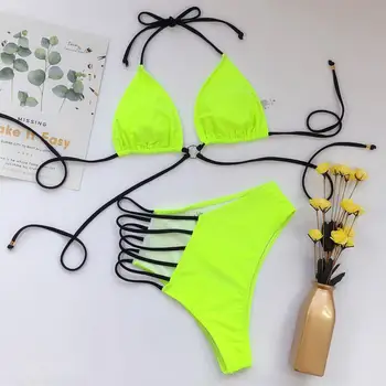 Aukštos Juosmens Brazilijos Neon Micro Bikini String Apynasrio Bikini Komplektas Su Paminkštinimu Maudymosi Kostiumėliai Moterims Tvarstis Tuščiaviduriai Iš Strappy Maudymosi Kostiumas L