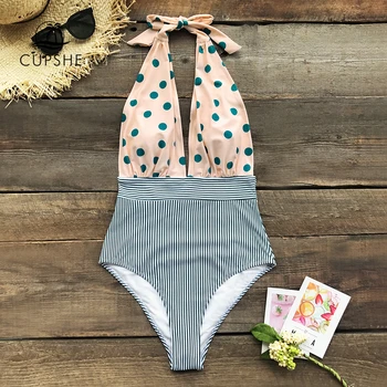 CUPSHE Retro Polka Dot Juostele Apynasrio vientisas Seksualus maudymosi kostiumėlį Giliai V-kaklo Moterų Monokini 2021 Merginų Paplūdimio Maudymosi Kostiumą, maudymosi Kostiumėliai,