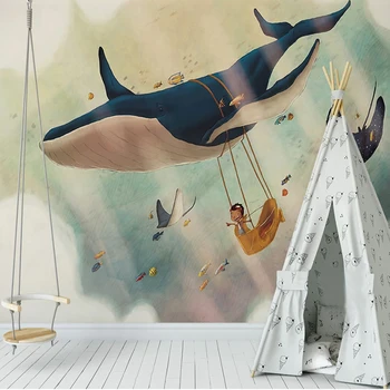 Custom 3D Sienos Freskos Animacinių filmų Kūrybos Dangaus Banginis Vaikų Miegamasis Fone Sienų Dekoras Papel De Parede Infantil 3D Tapetai