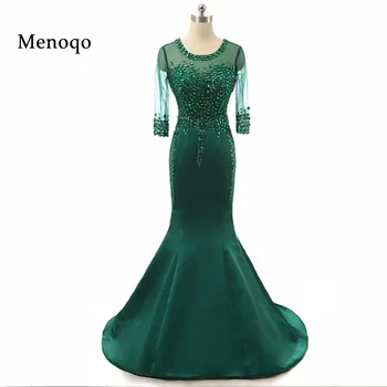 Elegantiškas moterų apdaras de soiree Undinė Zawalcowany Kristalų Vien rankoves ilgos Satino traukinio Smaragdas žalia prom dresses 