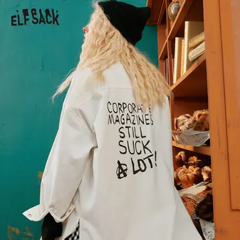ELFSACK Laišką Print Single Krūtinėmis Negabaritinių Moterų Striukė,2020 M. Rudenį ELF Grynas Visą Rankovės Ponios,Atsitiktinis Kasdienio Pagrindinio Outwears
