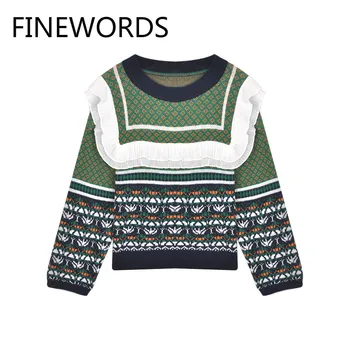 FINEWORDS Vintage Žalia Geometrinis Žiemos Megzti Moterų Megztinis korėjos Raukiniai Megztiniai (Puloveriai Streetwear Atsitiktinis Harajuku Megztiniai